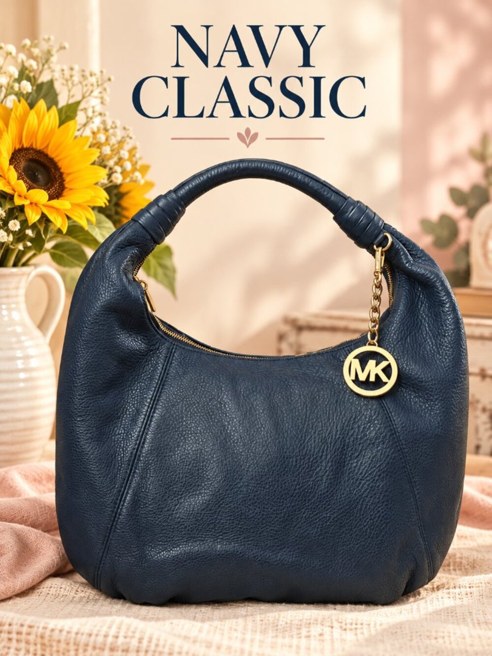 Michael Kors Navy Pebbled Leather Hobo Shoulder Bag with MK Charm